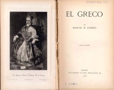 Cubierta del primer volumen del libro de Manuel B. Cossío El Greco, Madrid, Victoriano Suárez, 1908. Residencia de Estudiantes, Madrid.